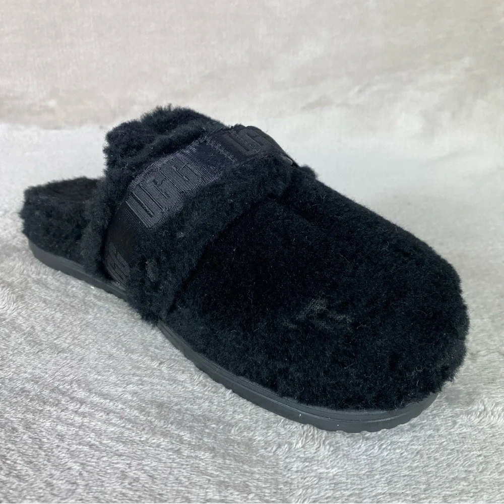 UGG Fluff It Mens Slipper Mule Size 9 Black Sheepskin Slip On Adjustable - Picture 6 of 11